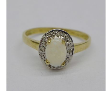 A 9ct gold, opal and diamond ring, weight 1.2g, size P