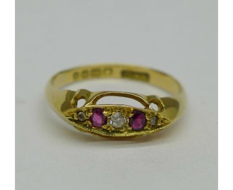 An 18ct gold, ruby and diamond ring, weight 2.5g, size N