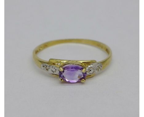 A 9ct gold, diamond and amethyst ring, weight 0.7g, size O