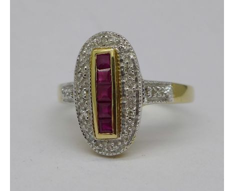 A 9ct gold, diamond and ruby ring, weight 3.6g, size P