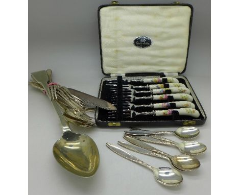 A cased set of six forks with ceramic handles and other EPNS flatware