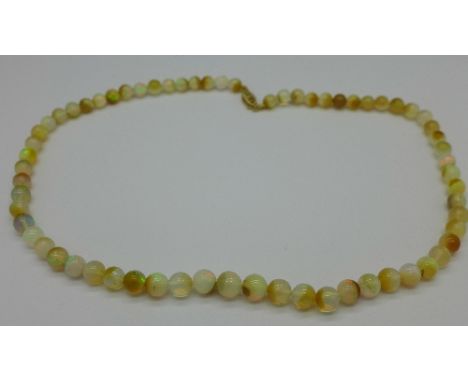 An opal bead necklace with 14ct gold clasp, length 41cm