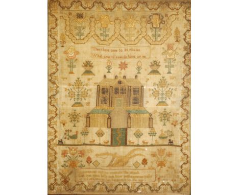 19th century sampler having two verses flanking a house, animal, floral sprays and plough by Mary Hill (no date visible) fram