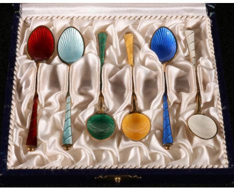 Set of six Danish silver gilt and polychrome enamel coffee spoons, cased