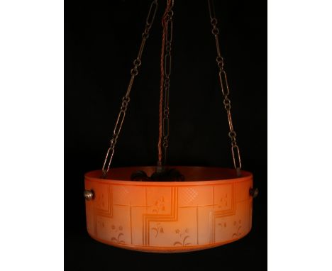 20th century orange opaque glass pendant light fitting with etched geometric and floral designs, 36cm diameter