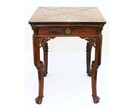 Chinese rosewood envelope card table, the square top inset with mother of pearl and abalone vignettes depicting butterflies a