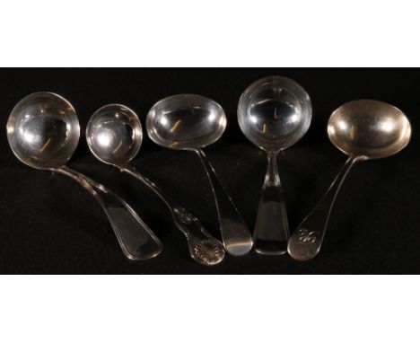 Silver sauce ladle 1802, another Scottish, a ladle and two Dutch ladles with thread edges (5)