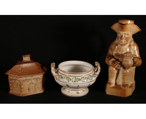 S & H Briddon salt glazed tobacco box in the form of a house, a toby jug similar and a Royal Crown Derby sucrier CONDITION RE