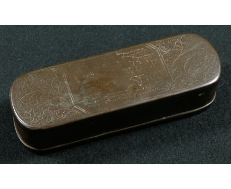 19th century Dutch copper tobacco box of baguette form having hinged lid decorated with stag hunting scenes, 14cm long