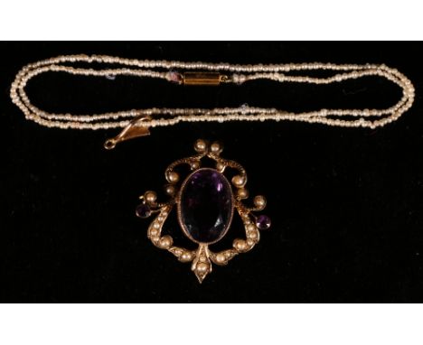 Gold pendant with amethysts and pearls '9ct' on seed pearl necklet CONDITION REPORT: Pearl chain detached from pendant, two s