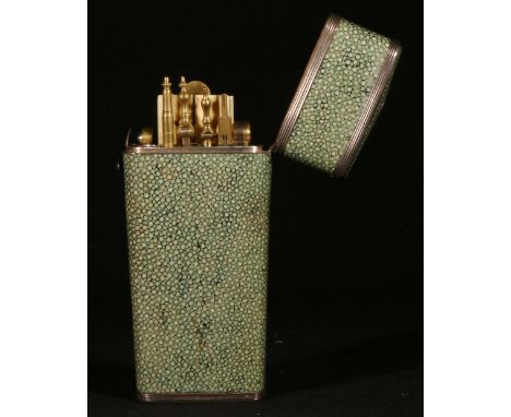 Early 20th century shagreen covered architects drawing set comprising rulers, parallel rules, compass etc, 17cm long