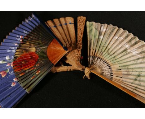 Chinese sandalwood pierced and carved fan and three other small fans (4) CONDITION REPORT: Sandlewood fan, ribbon damaged on 