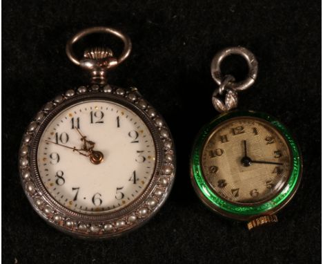 Geneva cylinder watch with pearl set enamelled silver case and another smaller (2)