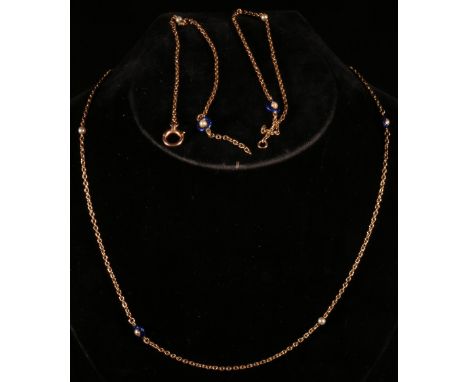 Victorian gold long chain with pearls and pearl set blue enamel links at intervals, probably 15ct now in three parts CONDITIO