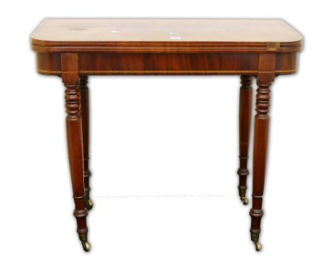 19th century walnut turnover card table, the D shape top with string inlay above a similarly decorated frieze raised on turne
