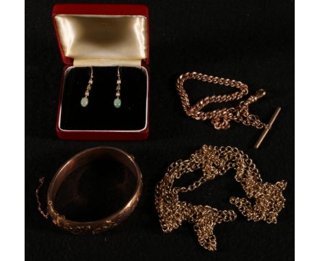 Pair of jade and pearl drop earrings, a rolled gold bangle and two similar chains