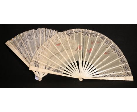 Two 19th century bone fans with painted silk and lace mounts, the sticks carved and pierced with scrolls and flowers, box