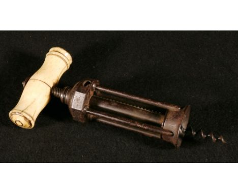Victorian steel corkscrew with ratchet and screw movement and turned bone handle, 21cm long