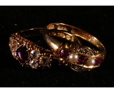 Diamond and emerald ring and another with garnet in 15ct gold CONDITION REPORT: Pearl and ruby ring:-
J A to E E inscribed to