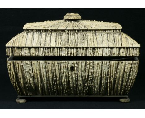 19th century Vizagapatam stag horn and ebony tea caddy of sarcophagus form having sandalwood lined interior, central mixing w