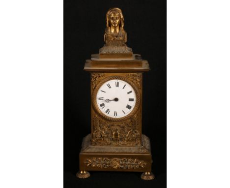 20th century brass mantle clock having bust surmount 'La Bonne Mere' in high relief case (pocket watch movement), 28cm tall C