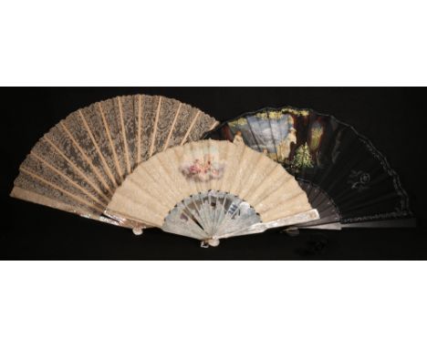 Three fans, a 19th century carved mother of pearl fan with painted silk and lace mount, the sticks, elaborately carved, a scr
