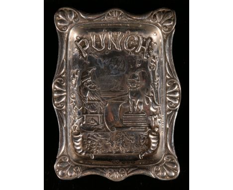 Silver trinket dish embossed with scene depicting Mr Punch with dog and figures by J Wilmot, Birmingham 1895, 10cm x 7.5cm