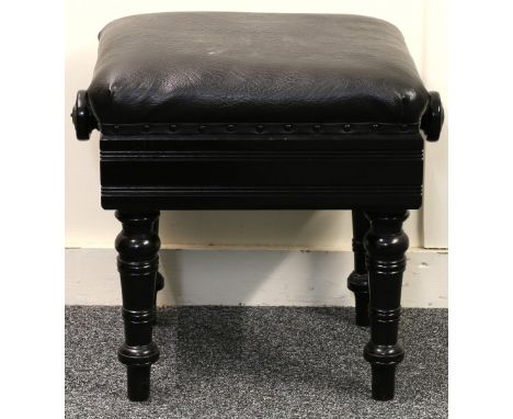 Ebonised adjustable piano stool by Brooks, Ltd No. 2557700, 43cm wide.