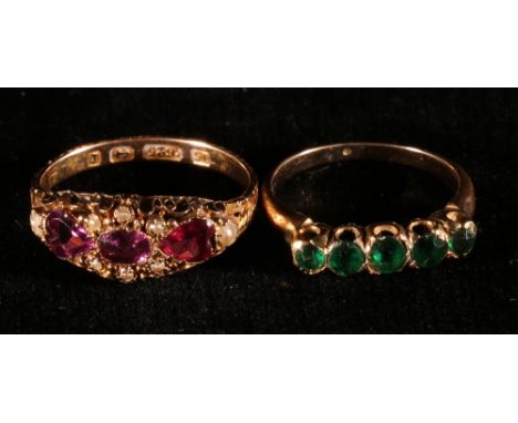 Garnet and pearl ring in 15ct gold and another with emeralds (2)