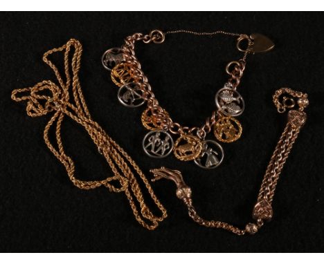 Silver and gold charm bracelet, a gold 'albertina' watch guard and a long chain (3)