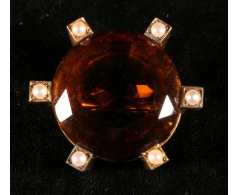 Victorian Scottish gold brooch with circular cairngorm and six pearls, c1880 CONDITION REPORT: No hallmarks present
Closure p