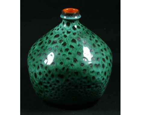 Poole studio pottery bulbous globular vase with green and black mottled decoration monogrammed to base GS, 25cm tall CONDITIO