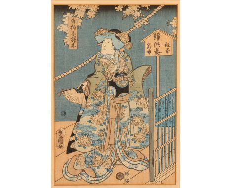 Group of four Japanese woodblock prints of actors by Kunisada and others, Oban tate-e, Meiji CONDITION REPORT: 1)  Figure by 