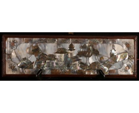 19th century Chinese box lid inlaid with mother of pearl decoration depicting a figure on a bridge by a group of houses, 10cm