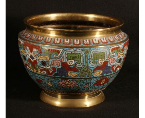 Gilded brass champleve enamel jardiniere decorated with taotie masks and stylised flowers, 27cm CONDITION REPORT: Loose base,