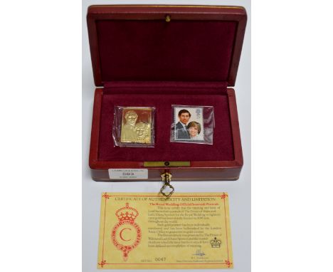 A ROYAL WEDDING OFFICIAL PORTRAIT, THE PRINCE OF WALES AND LADY DIANA SPENCER COMMEMORATIVE 18CT GOLD STAMP, LIMITED EDITION 