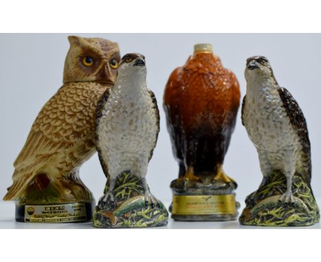 A GROUP OF 4 DECANTERS MODELLED AS BIRDS COMPRISING 2 X BEN EAGLES OSPREY DECANTERS - EACH DECANTER 13 1/3 FL OZS, 70° PROOF,