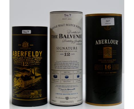 A 3 BOTTLE WHISKY SELECTION COMPRISING ABERFELDY 12 YEAR OLD HIGHLAND SINGLE MALT SCOTCH WHISKY - 700ML, 40% VOL, ABERLOUR 16