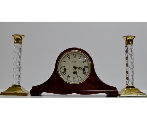 A PAIR OF WATERFORD CRYSTAL GILT FINISHED CANDLE STICKS &amp; A MAHOGANY CASED CHIMING MANTLE CLOCK BY COMITTI     