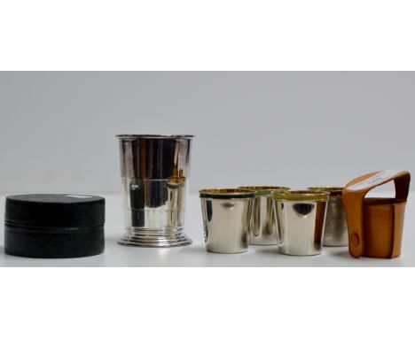 A SET OF 4 SILVER PLATE &amp; ENAMEL WHISKY TOT TRAVEL SHOT CUPS WITH LEATHER CASE, TOGETHER WITH A SILVER PLATED TELESCOPIC 