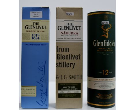 A 3 BOTTLE WHISKY SELECTION COMPRISING THE GLENLIVET "NADURRA" AGED 16 YEARS NATURAL CASK STRENGTH SINGLE MALT SCOTCH WHISKY 