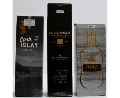 A 3 BOTTLE WHISKY SELECTION COMPRISING JURA ORIGIN 10 YEAR OLD SINGLE MALT SCOTCH WHISKY 70CL, 40% VOL, GLENMORANGIE THE QUIN