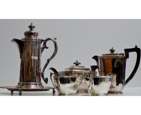 A 4 PIECE EPNS ART DECO STYLE TEA SERVICE, TOGETHER WITH AN EPNS LIDDED HOT WATER POT BY JAMES DIXON &amp; SONS &amp; AN EPNS