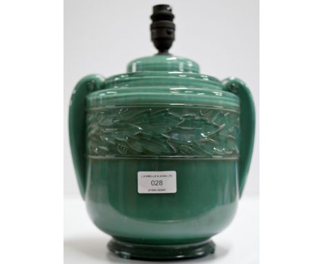 AN ART DECO GREEN GLASS TABLE LAMP BASE     
