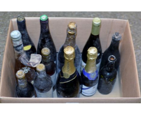 A BOX WITH ASSORTED ANTIQUE &amp; VINTAGE WINES     