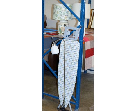 A FOLDING IRONING BOARD, AN ANGLE POISE FLOOR LAMP &amp; 2 VARIOUS TABLE LAMPS WITH SHADES     