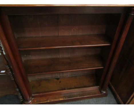 A Victorian mahogany and pine two shelf bookcase with column supports, 116cm high x 110cm wide