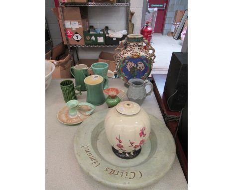 Six early 20th Century green jugs and tankards including a green 19th Century jug, floral lattice pattern and a Shelley chamb