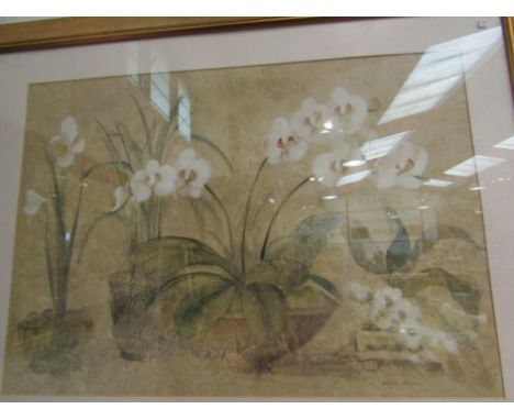 A gilt framed print of four potted orchids after CHERI BLUM (1969-2003), 47cm x 71cm