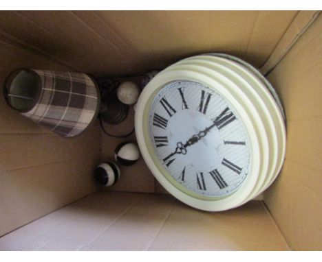 A box containing a pale oak surround mirror, a modern glass bowl, a Country style painted wall clock and bedside lamp with lo